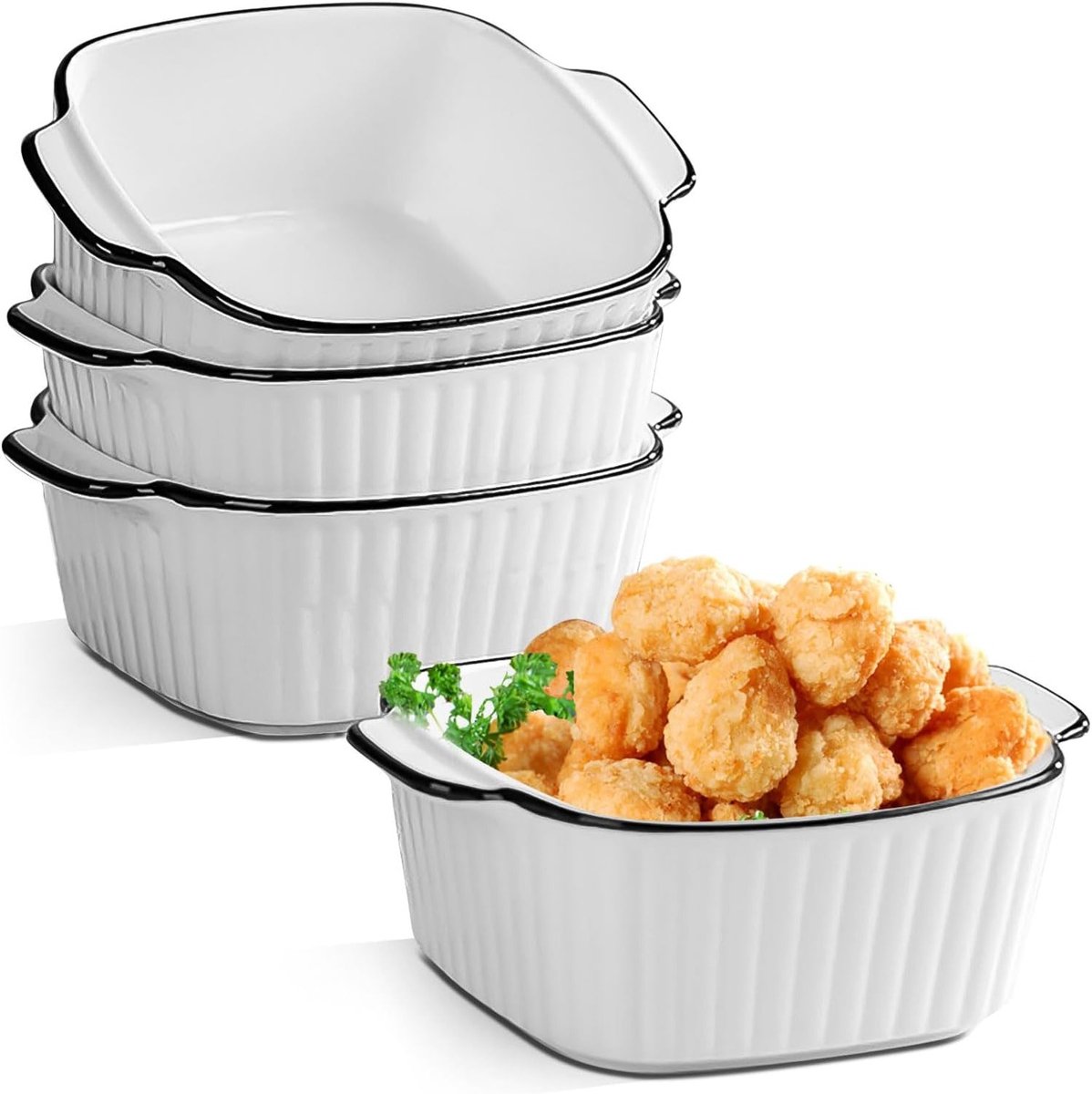 Set van 4 keramische bakschalen van 400 ml - vierkante bakvormen voor airfryer, oven en magnetron, met handvatten en ideaal voor kleine gerechten