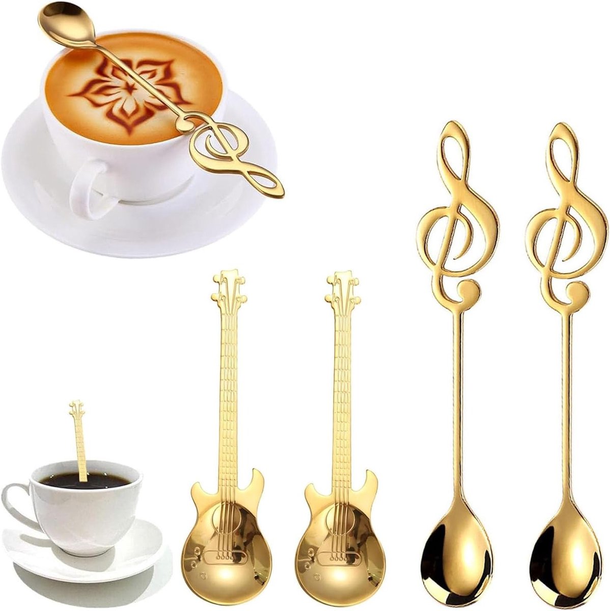 Set van 4 Muzikale Theelepels in Gitaarvorm, RVS Koffielepels, Leuke Decoratie voor Koffie en Thee, Perfect als Cadeau voor Muziekliefhebbers