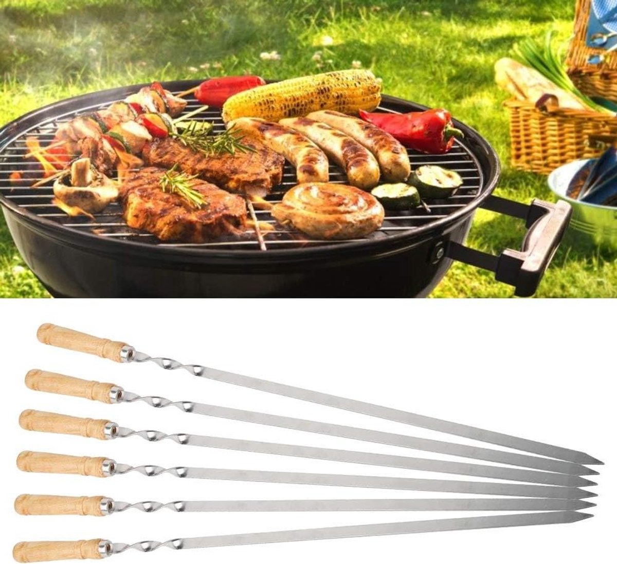 BBQ Spiesen Set - Grill Prikkers - Buiten Koken - Plat Ontwerp - 6 Stuks - Zilver