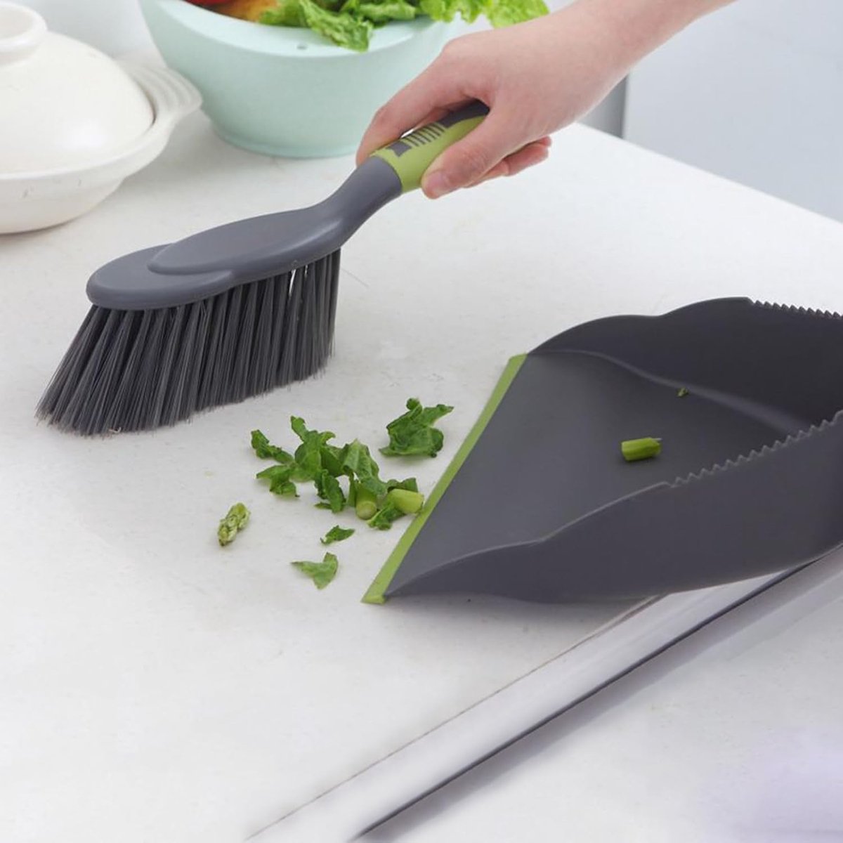 Stoffer en blik - Veegset opbergbak - Huis reinigen - Gekartelde rand - 44 cm lengte - Grijs