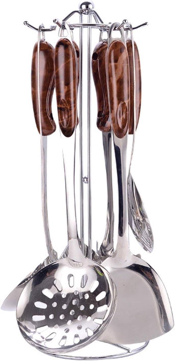 Keukengerei Set - Spatels Lepels - Koken Grillen - Hittebestendig Hout - 6 Delig - Zilver
