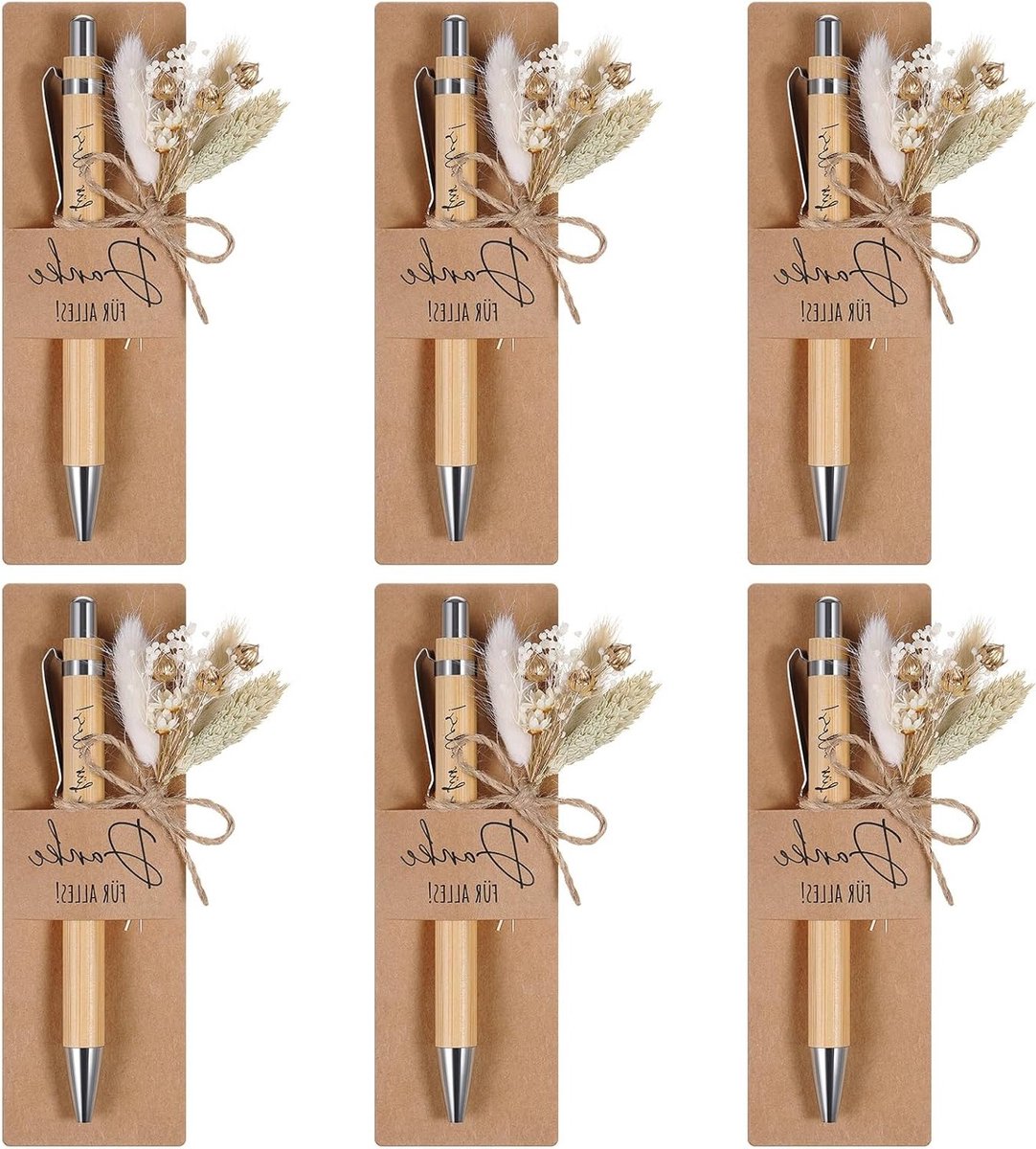 Houten Balpen met Gravure en Droogbloemen - Perfect als Afscheidsgeschenk voor Docenten, Collega's en Vrienden (6 Sets, Bedankje)