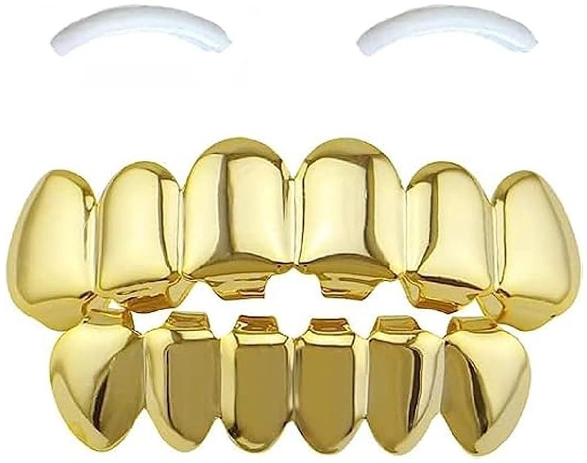 Dailygoody - Hip Hop Tanden - Gouden Tanden - Tandheelkundige Grills - Goud - Cosplay Sieraden - Geschikt voor Mannen en Vrouwen - Halloween Party Gif