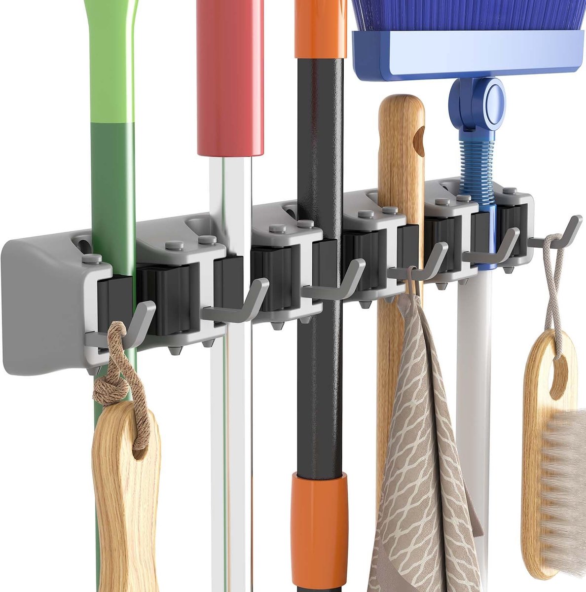 Dailygoody - Mop en Broom Houder - Muurbevestiging - Robuuste Organizer - Grijs - Voor Keuken en Garage - Inclusief Bevestigingsmateriaal