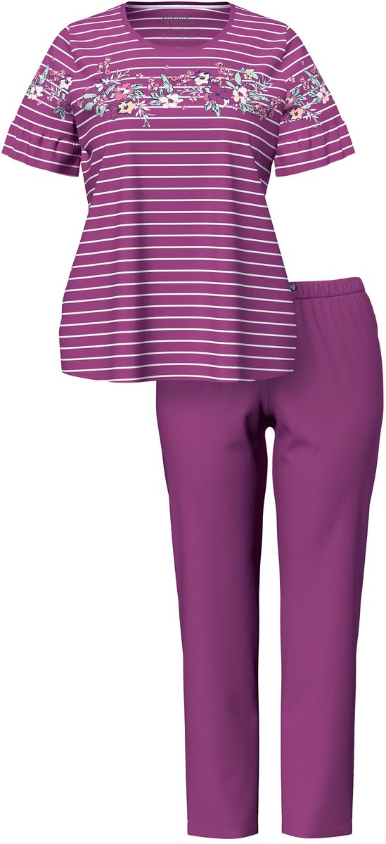 Ulla Popken Dames - Pyjama bloemenstrepen ronde hals korte mouwen met volant - Bes - Maat 42+