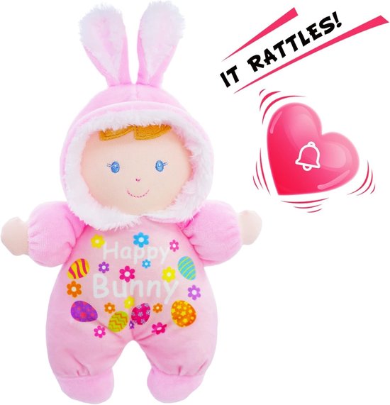 Pluche Konijn Olivia - Babypop Zacht Speelgoed - Knuffelen en Spelen - Ingebouwde Sensorische Rammelaar - 23 cm - Roze — afbeelding 5