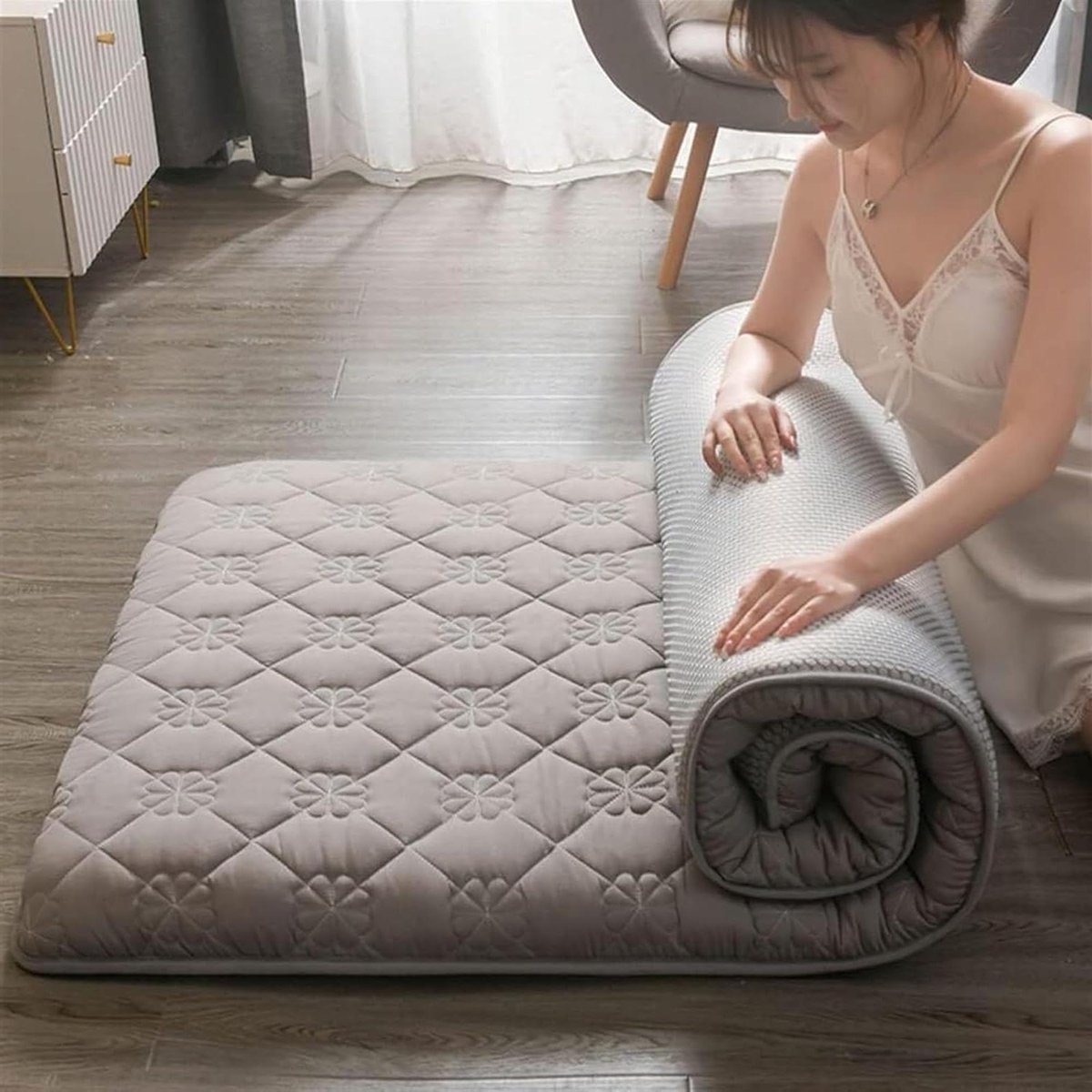 Japanse Vloerfuton - Opvouwbare Matras Tatami - Comfortabel Slapen - 4 cm Dik Katoen - 100x200cm - Grijs