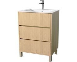 Pack Meuble Salle de Bains 60 cm Chêne Clair, 3 tiroirs avec Vasque Céramique - XENOS