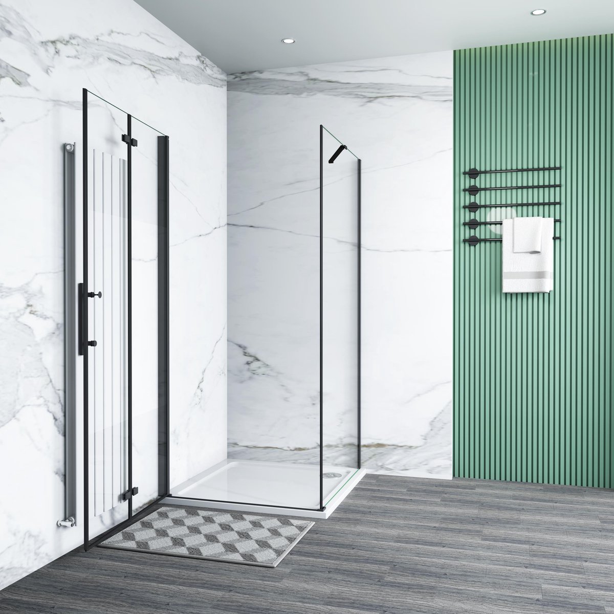 Aica douchecabine 80x76x195cm vouwdeur en vaste zijwand 6mm helder EasyClean veiligheidsglas mat zwarte aluminium frame stabilisatiestang 50 cm incl. douchebak