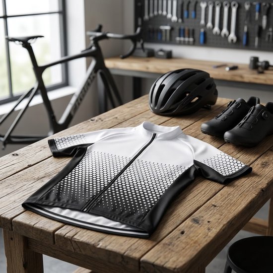 Wit zwart sport wielren shirt heren korte mouw fiets jersey met rits ademend sneldrogend vochtafvoerend stretch MTB fietsshirt wielrennen racefiets maat L — afbeelding 5