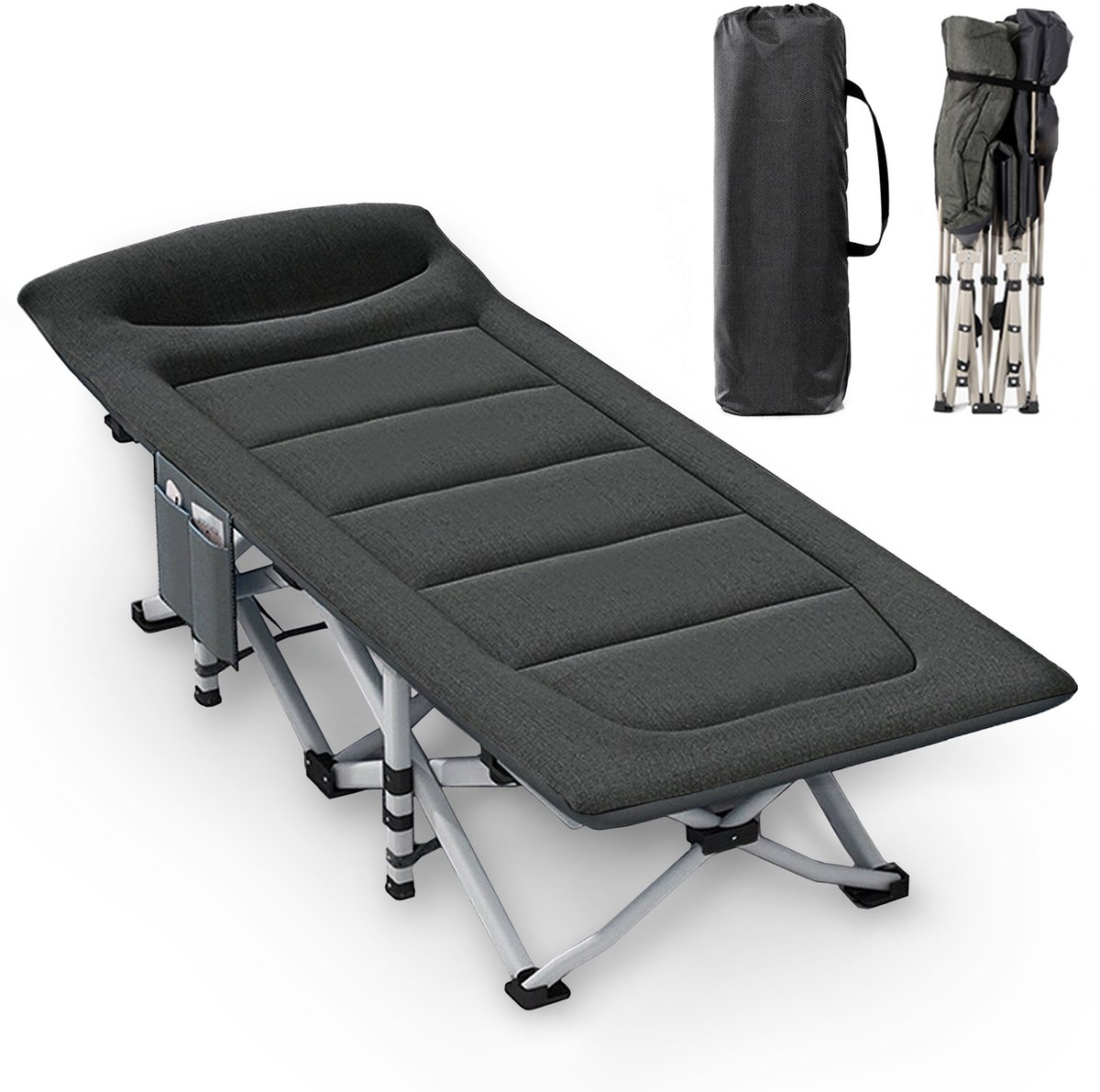CALIYO Veldbed - Campingbed – Opvouwbaar Logeerbed met Kussen – 200x80 cm – Draagvermogen 200 kg – Comfortabel & Stevig Veldbed-zwart