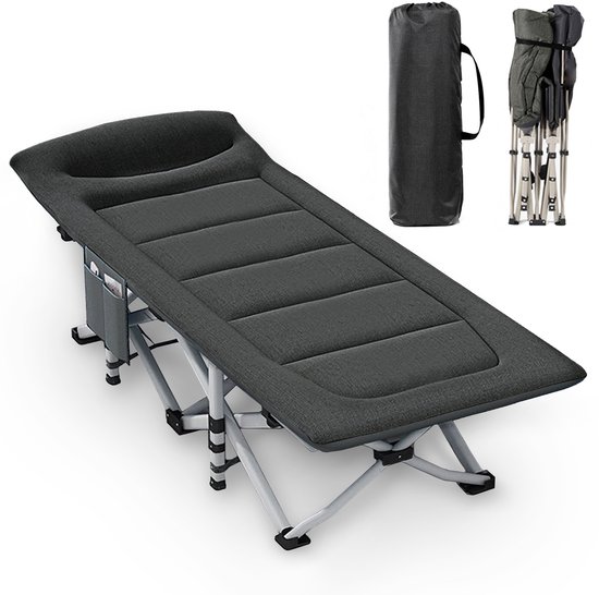 Donkergrijs, opvouwbaar veldbed met kussen, inclusief draagtas en opgevouwen bed.
