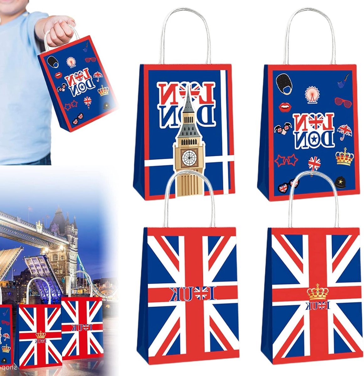 Kraft Papieren Cadeauzakken met Union Jack voor Koning Charles III's Kroning - 4 Stuks, Herdenkingsgeschenken, Britste Vlag, Handvatten en Duurzaam Ontwerp