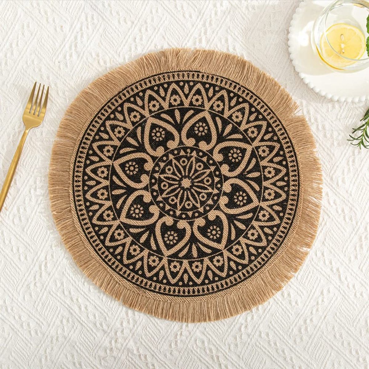 Dailygoody - Rond geweven placemats, boho placemats, jute placemats met mandala kwast, bohemian boerderij retro restaurant tafeldecoratie placemats voor bruiloft,