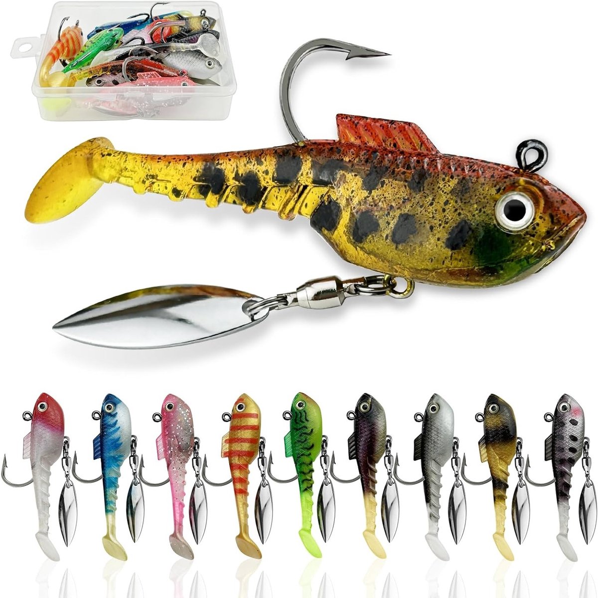 Set van 10 Vissen Aas voor Snoek, Forel en Baars met Spinnerblad in Plastic Doos voor Effectief Vissen