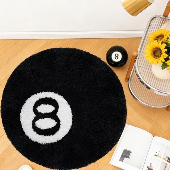 Rond 8-bal tapijt - Biljart vloerkleed - Woonkamer decoratie - Klassiek 8-bal design - 60 x 60 cm - Zwart — afbeelding 2