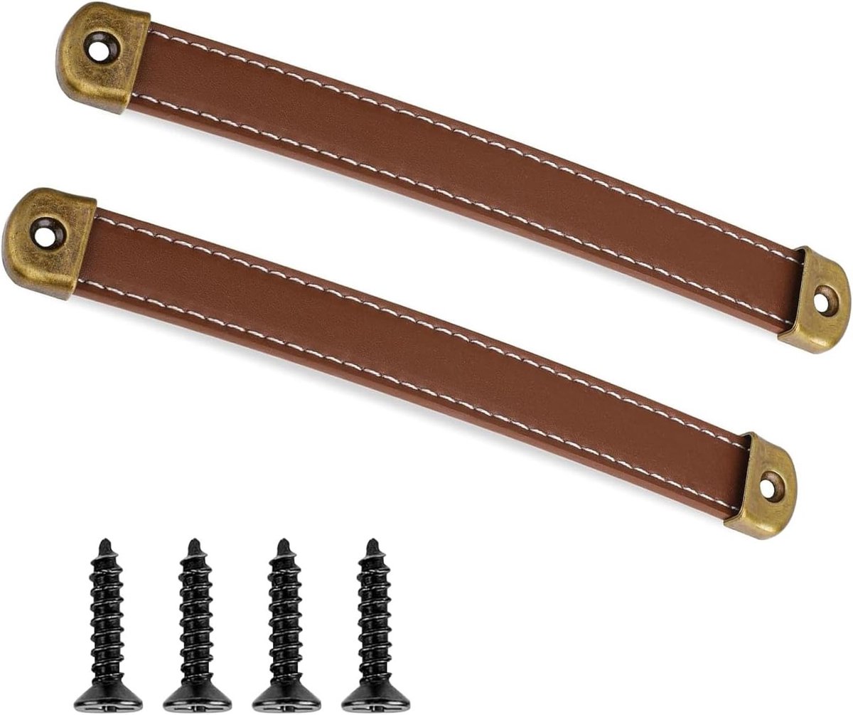 Set van 2 Vintage Leren Ladehandgrepen met Bevestigingsschroeven voor Meubels en Koffers - Bruin
