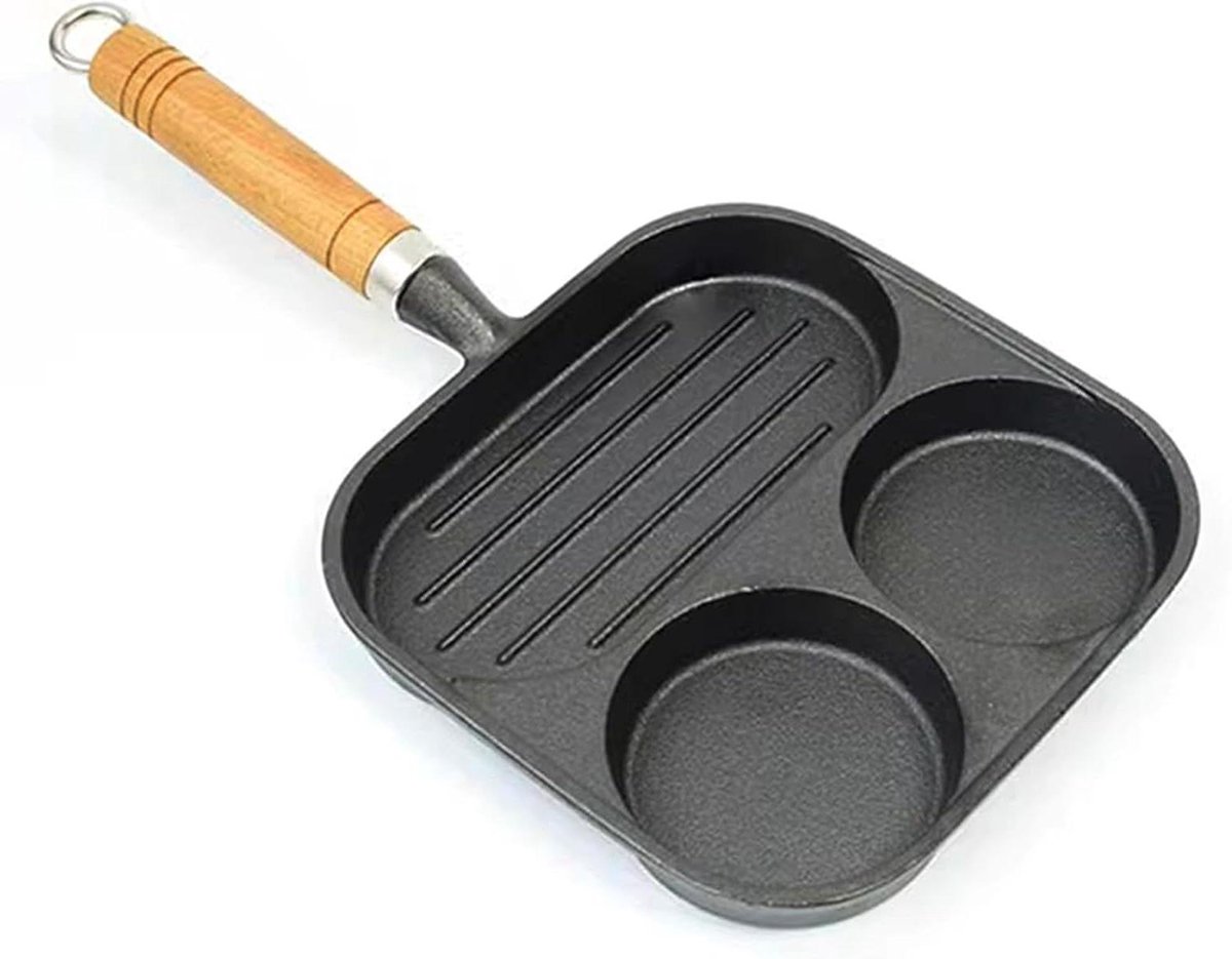 Vierkante Grillpan - Ontbijtpan Koekenpan - Ontbijt Bereiden - Drie Secties - N.v.t. - Zwart