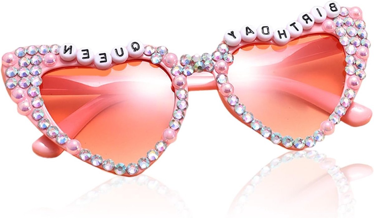 Verjaardag Zonnebril met Hartvorm, Shiny Bling Diamanten en Parels, Feestelijke Cat Eye Zonnebril voor Verjaardagsfeest en Festivalaccessoires