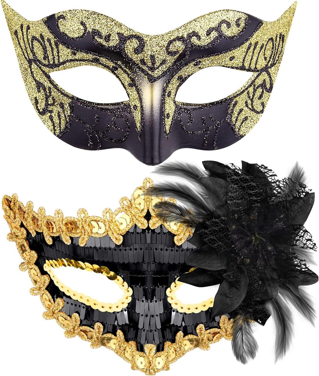 Set van 2 Venetiaanse Maskers voor Carnaval en Halloween - Zwart en Goud, Geschikt voor Mannen en Vrouwen, Feestaccessoires