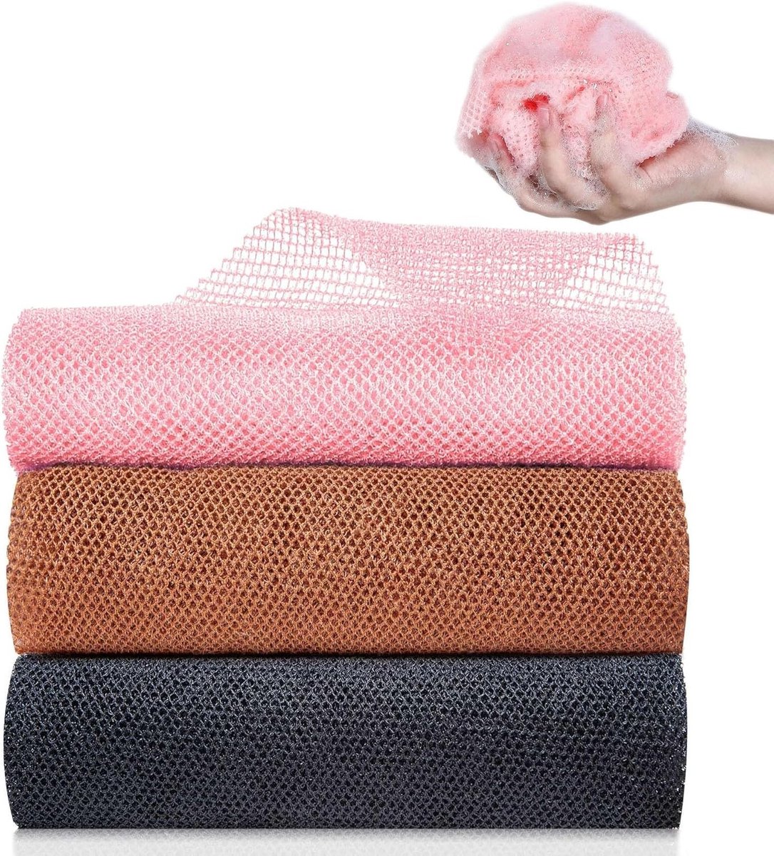 3-pack Exfoliërende Net Badspons - Handdoek voor Lichaamsreiniging, Spa Massage en Douche, Geschikt voor Mannen en Vrouwen (Zwart, Roze, Bruin)