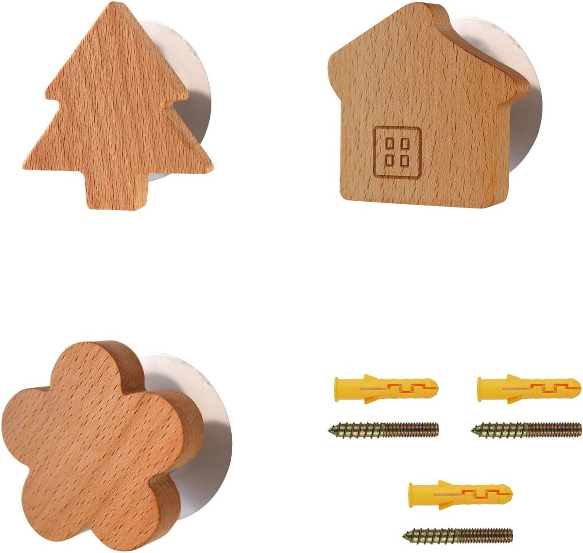 Set van 3 Houten Kledinghaken - Schattige Vorm, Zelfklevende Haak voor Sleutels, Handdoeken en Kleding - 1,5 cm Dikte