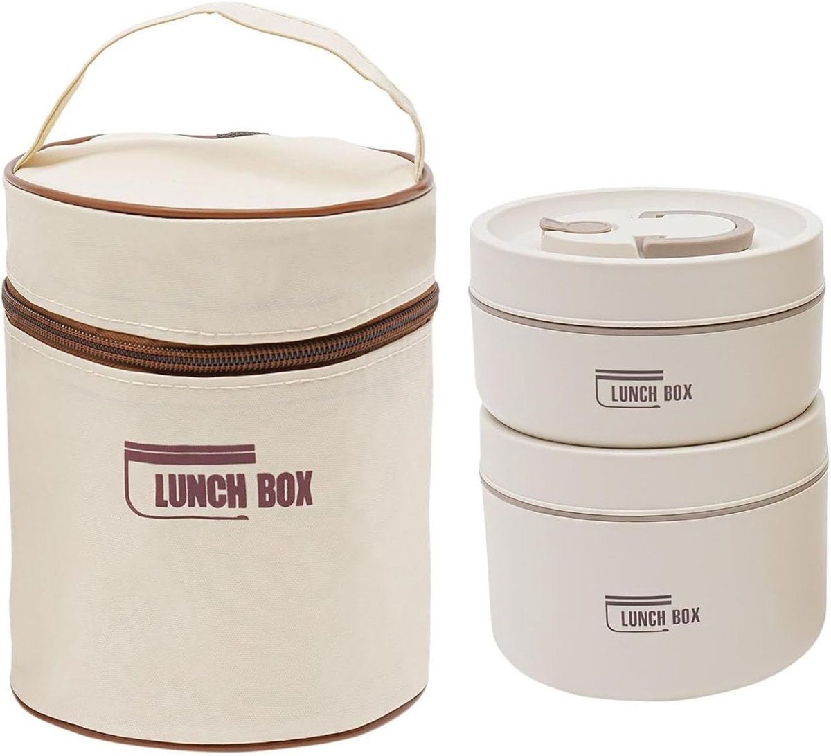 VHV-Thermische Lunchbox Set van 2 met Geïsoleerde Tas - Lekvrije Thermos Voedselcontainer voor Warm en Koud Eten - RVS Bento Box en Warmhoudbakje voor Kantoor, School en Picknick - 440ml & 600ml - Beige