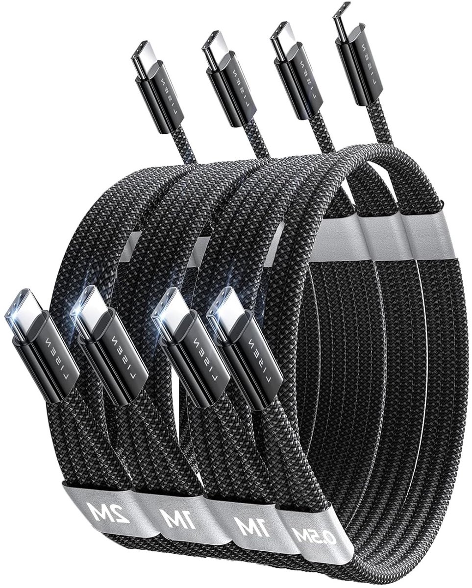 60W USB C naar USB C Kabel Set [4 Stuks, 0.5M 1M 1M 2M] voor Snelladen, Compatibel met iPhone 17, Samsung Galaxy S25 en MacBook Air