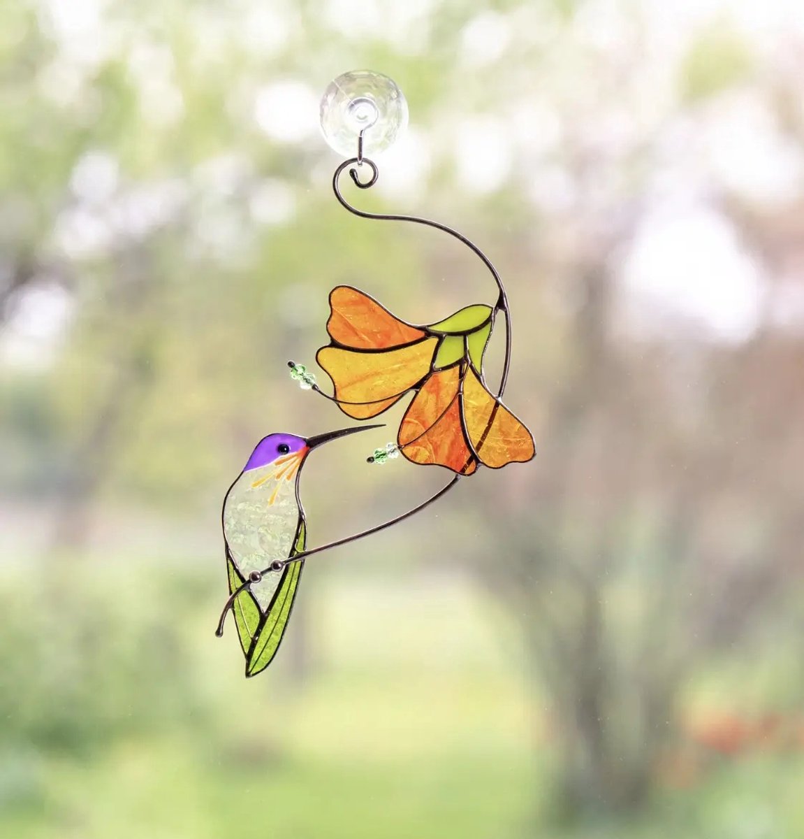 Glazen Suncatcher Vogel met Bloem – Raamhanger van Glas – Kleurrijke Wanddecoratie – Cadeau voor Vogelliefhebbers – 22x14,5 cm