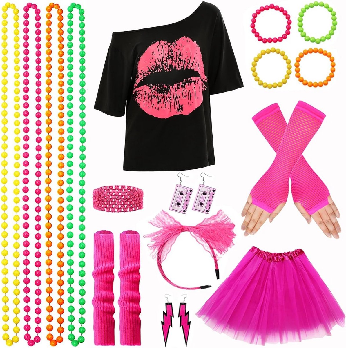 90s en 80s Kostuumset voor Dames met Accessoires voor Carnaval en Mottopartys, XXL Maat