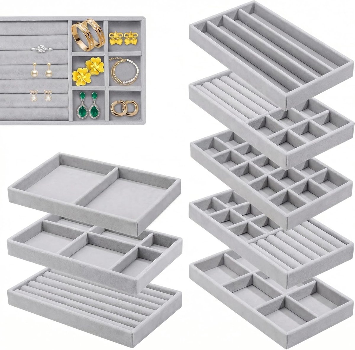 Set van 8 Fluwelen Sieradenorganizers, Stapelbaar en Ideaal voor het Opbergen van Ringen, Halskettingen en Armbanden in Lades