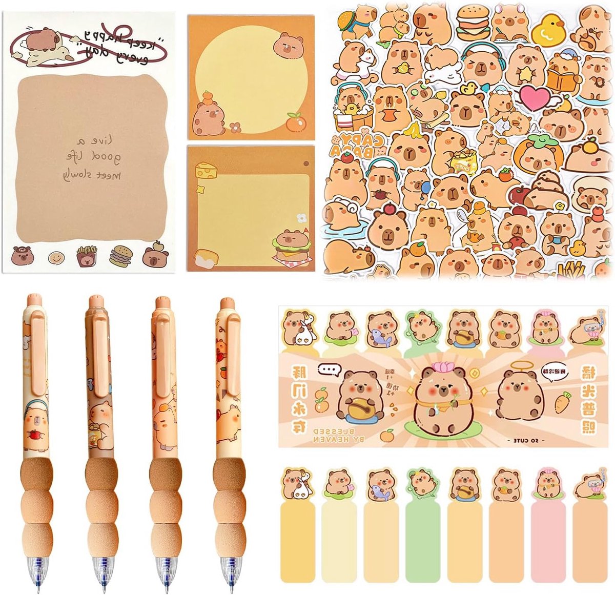 Schattige Cartoon Kantoorbenodigdheden Set met Gelpennen, Stickers, Plaknotities en Boekmarkeringen voor School en Feestjes