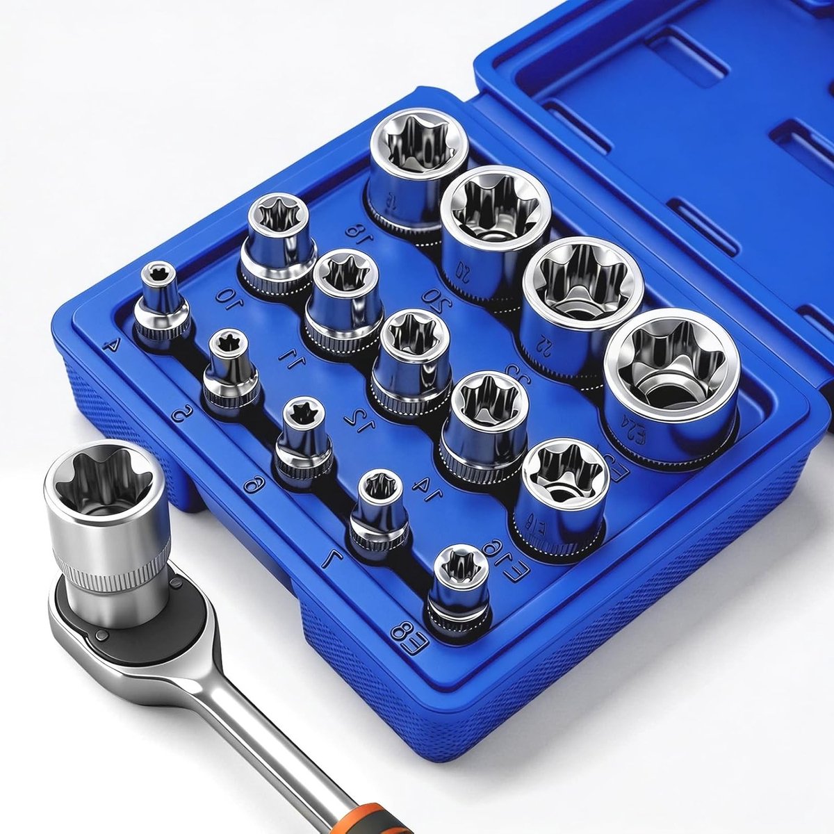 Complete Torx Moerset van 14 Stukken met Stervormige Steeksleutel en Blauwe Opbergtas voor 1/4, 3/8, 1/2 Inch Inzetstukken en Gereedschap voor Klussen en Onderhoud