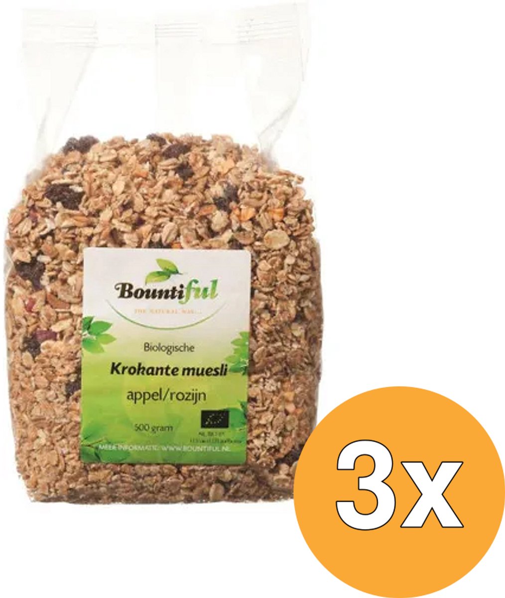 3x Bountifulgranola Appel Rozijn Muesli Bio (500 gr)