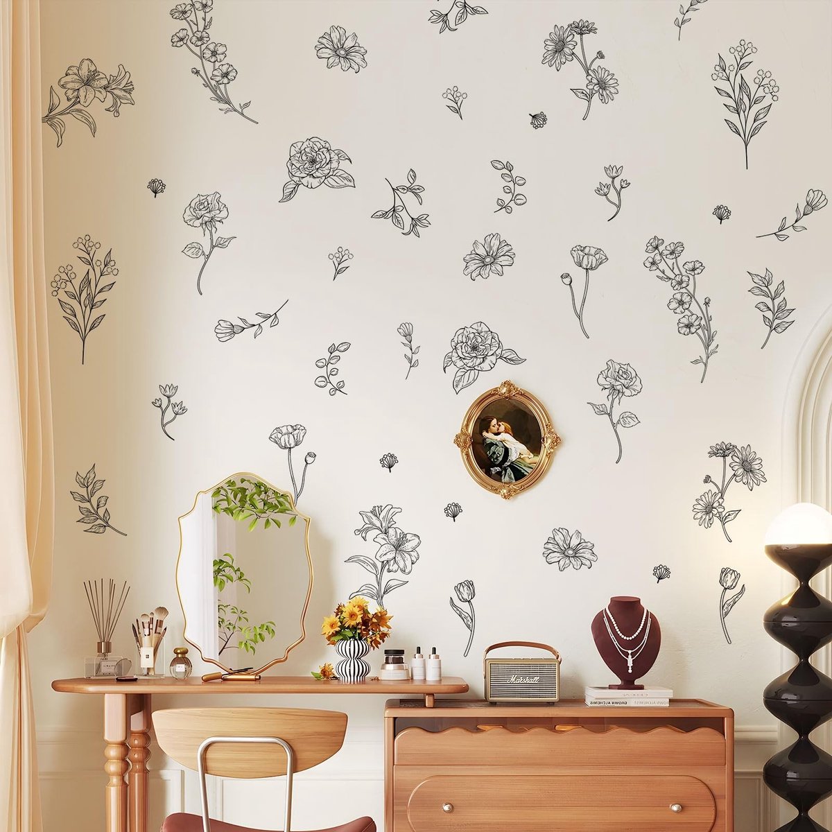 Winkel1 - Wandstickers - Bloemen - Decoratie voor slaapkamer en kantoor - Zelfklevend - Vintage stijl - Makkelijk aan te brengen - Zwart