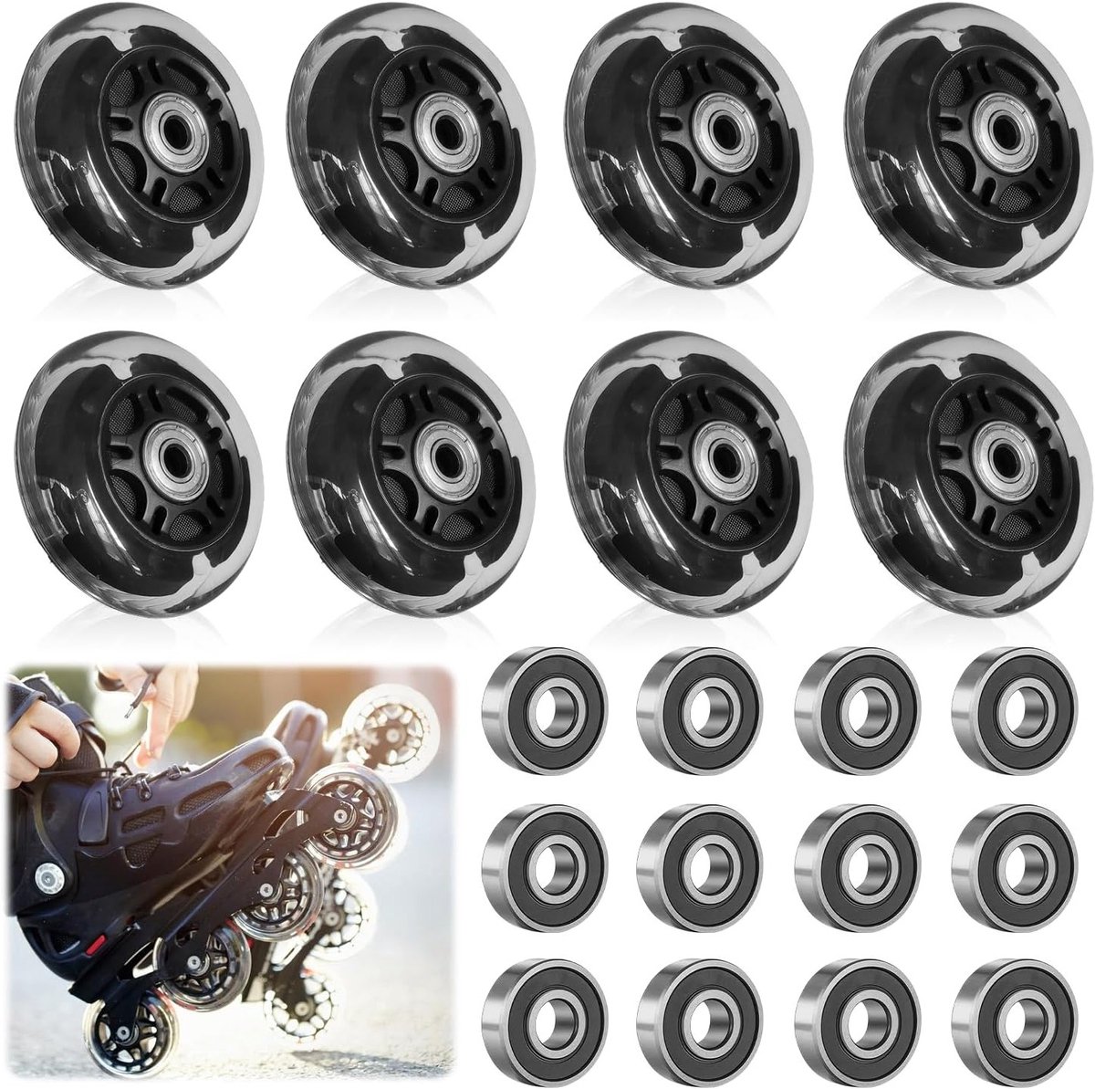 Set van 8 Inline Skate Wielen 72 mm Zwarte Transparante Roller Skate Onderdelen met 16 Lagers voor Alle Types Skates
