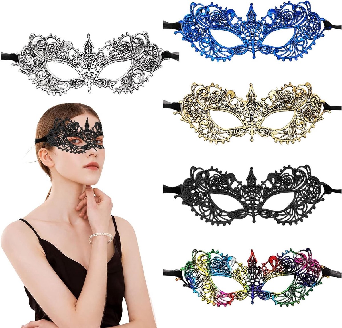 Set van 5 Venetiaanse Lacemaskers voor Vrouwen - Ideaal voor Carnaval, Halloween en Feestkostuums in 5 Kleuren