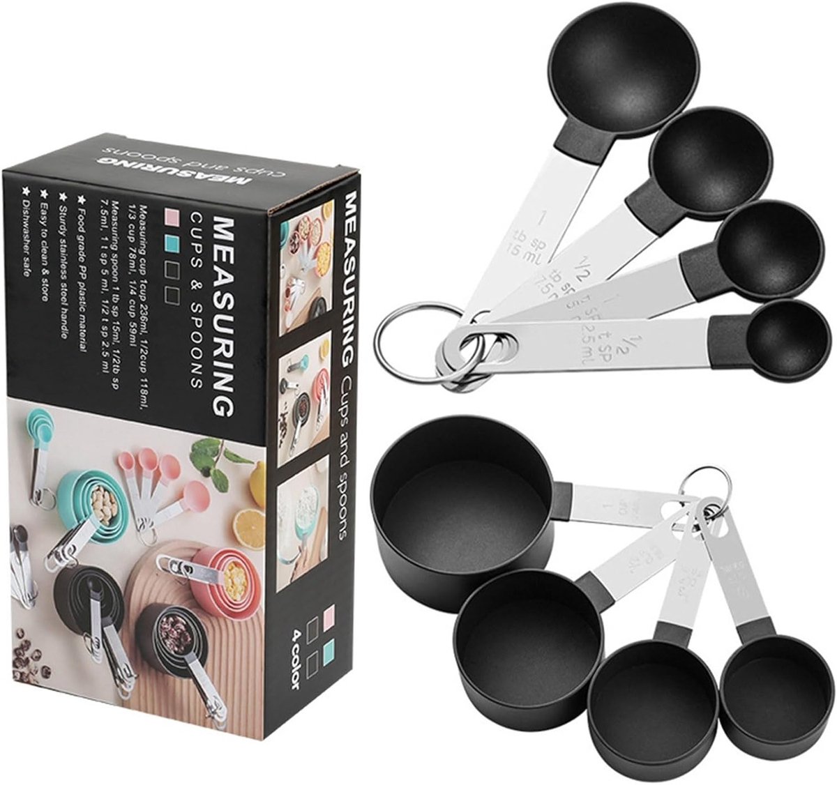 Set van 8 Maatbekers en Lepels, Stapelbaar RVS Handvat, Nauwkeurige Maat voor Droge en Vloeibare Ingrediënten, Keukenaccessoires voor Bakken en Koken