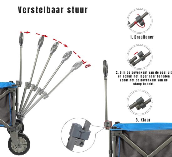 RUX® Strandkar - Bolderkar Opvouwbaar - Bolderwagen Voor Alle Terreinen - Boodschappenwagen Met Handige Opbergruimtes - Tuinkar Met Verstelbare Handgreep - Winkeltrolley 100 kg Opbergruimte - Zwart - 89cm x 48cm x 30cm van Merkloos — afbeelding 5
