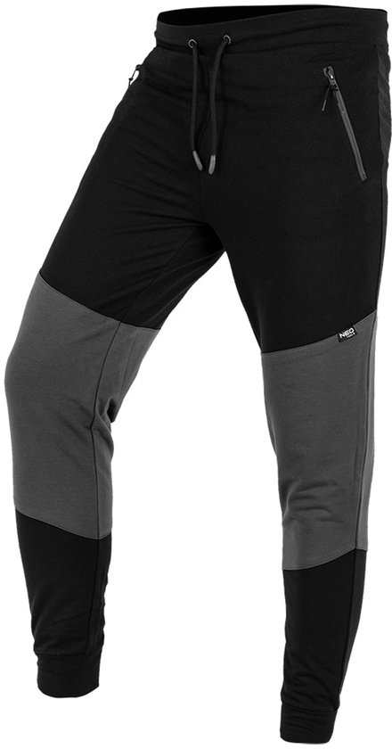 Zwarte werkbroek met grijs gekleurde onderbenen en een grijze tailleband met trekkoord.