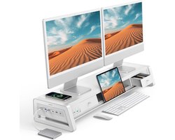 Monitorstandaard voor 2 Monitoren met Multi-USB, Telefoonhouder, Kabelorganizer en LED Verlichting - Desk Riser Accessoires voor Laptop en Bureau