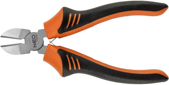 Zijkniptang met oranje en zwarte handvatten, met "NEO TOOLS" logo op de snijbladen.