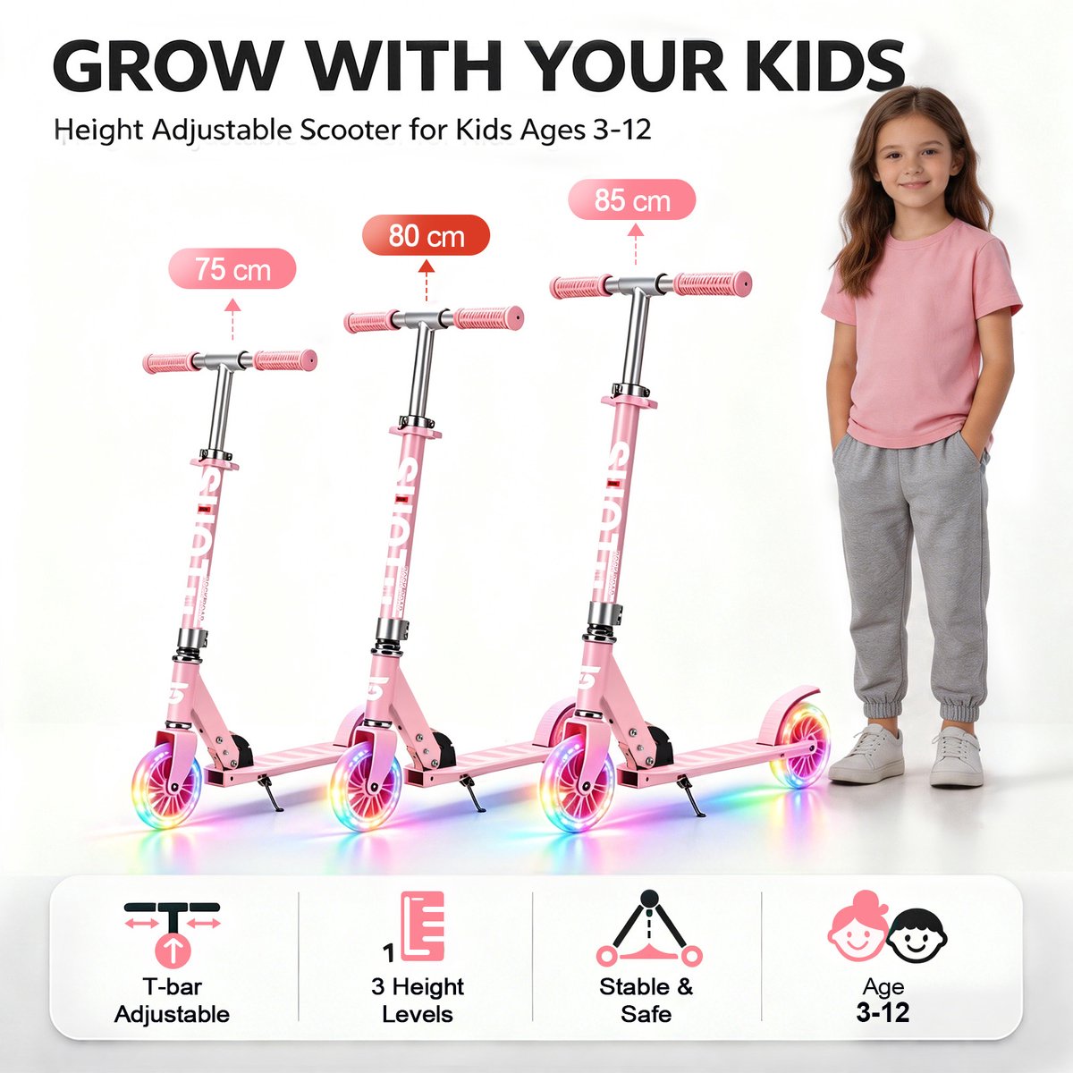 Suotu Kinderstep - 145mm Lichtgevende Wielen - Step - Speelgoed Jongens/Meisjes - Max stuurhoogte: 85 cm - Aluminium - Roze — afbeelding 6