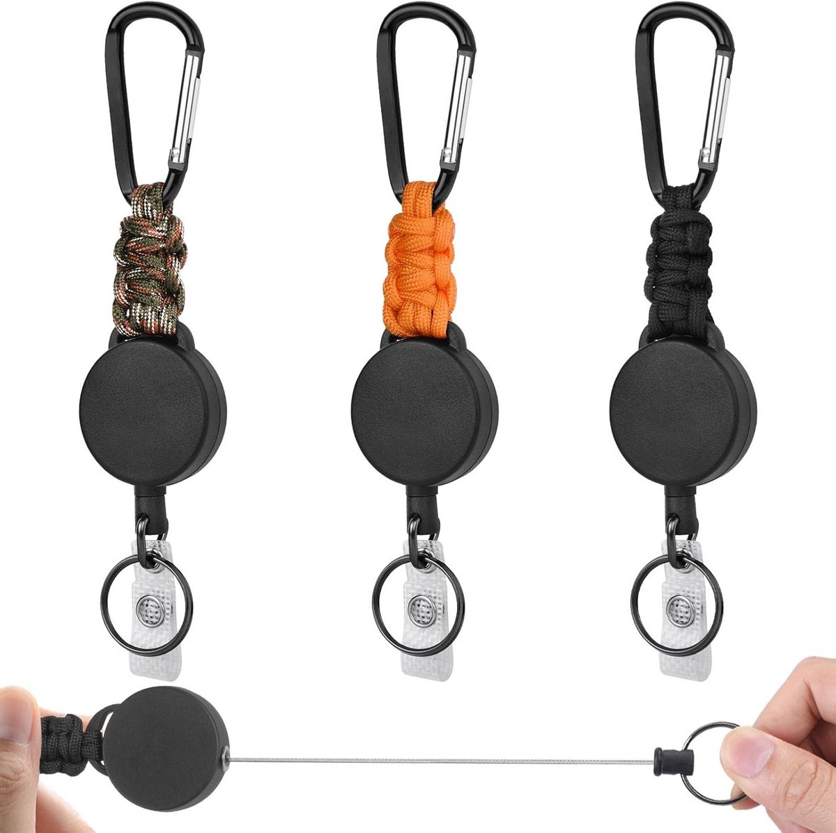 3-delige Uittrekbare Badge Reel met Stevige Carabiner Sleutelhanger, 60 cm Uittrekbaar Stalen Draad ID Kaarthouder en Clip voor Sleutels en Toegangspassen