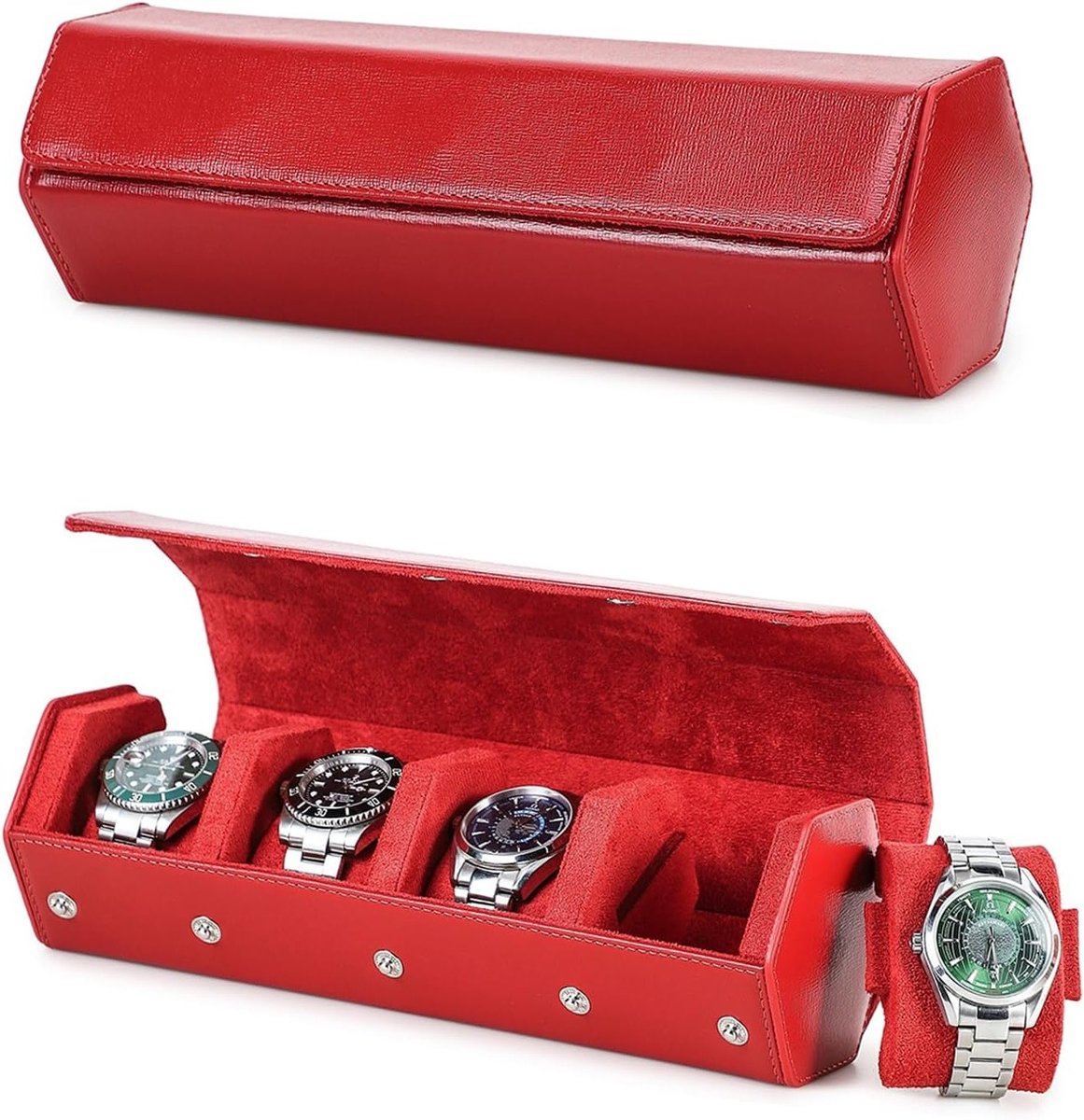 Luxe Horloge Box van Echt Saffiano Leer voor 4 Horloges, Beschermende Opbergdoos en Display Organizer voor Mannen in Rood
