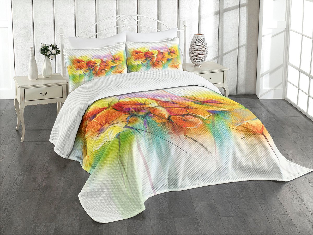 ABAKUHAUS bloemendeken set, herfstbloemenboeket, gewatteerd dekbed in drie delen voor dubbele bedden 220 x 220 cm, geel rood groen