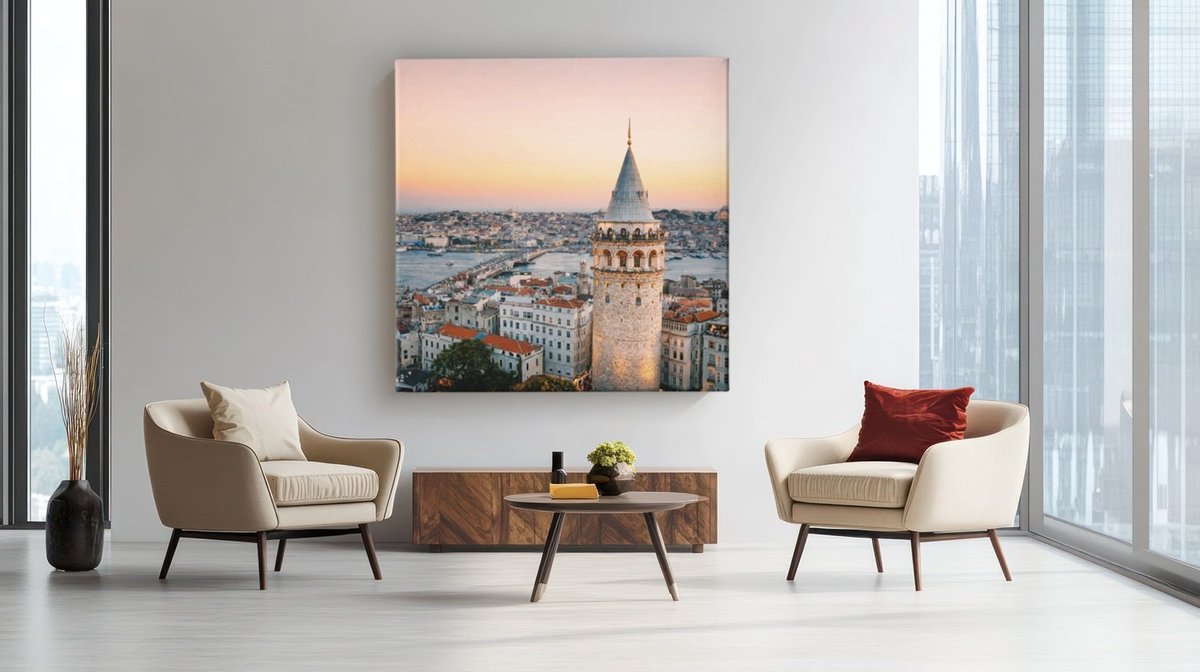 Trendex Global Vierkant Canvas Schilderij Istanbul Galata Toren - Stadsgezicht Zonsondergang - Luxe Wanddecoratie - 60 x 60 cm Kleurrijk