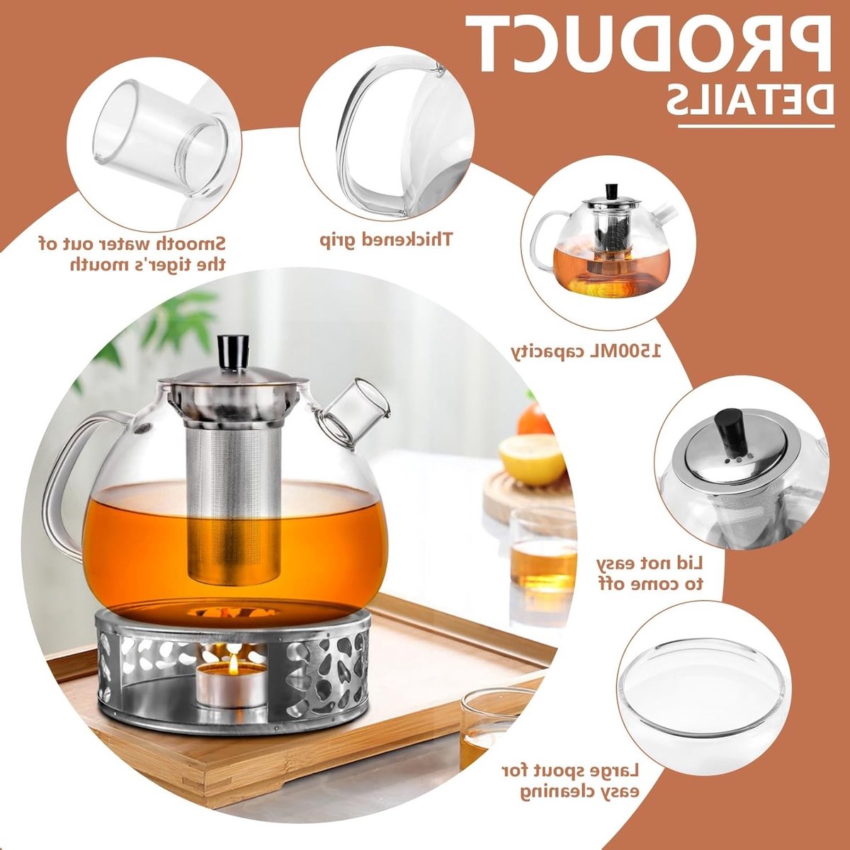Stijlvolle glazen theepot van 1500 ml met filter en warmhouder voor losse thee, fruitinfusies en geurige theesoorten — cadeau in Kookcadeaus - foto 2