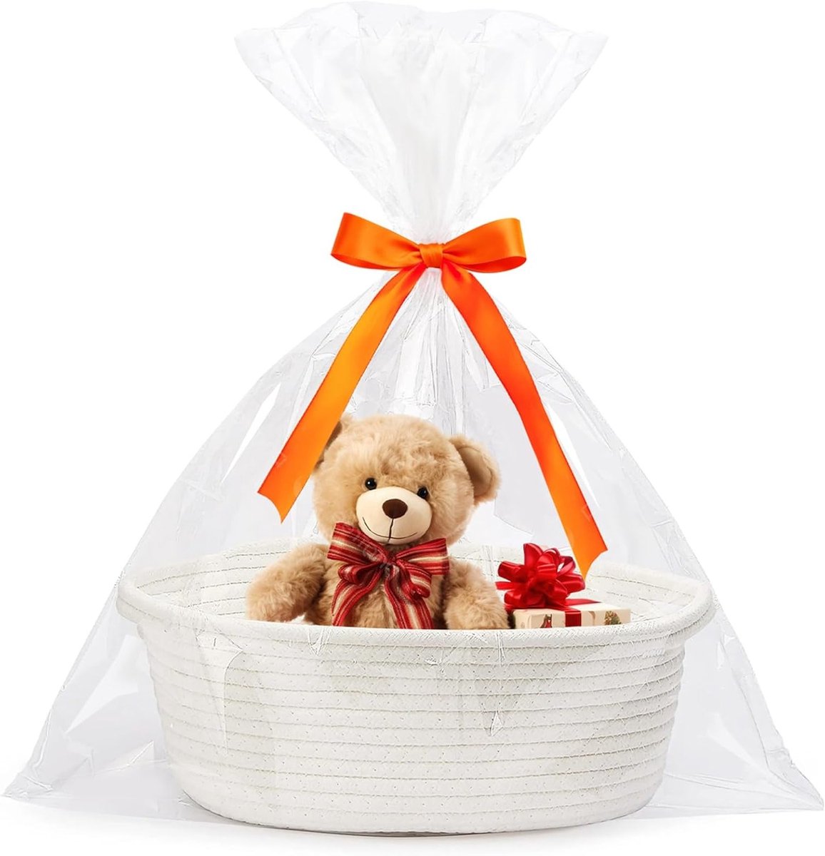 Lege gevlochten mand voor cadeaus, inclusief doorzichtige cadeauzakken en linten, perfect voor bruiloften, verjaardagen en kerstfeesten.