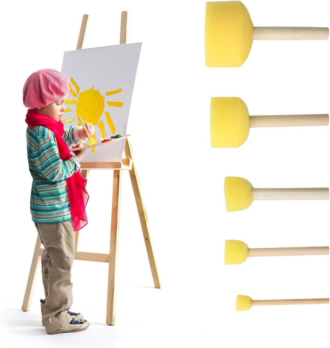Set van 5 ronde gele schuimkwasten met houten handvatten voor schilderen, graffiti en DIY knutselprojecten, wasbare verfkwasten in verschillende maten